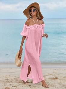 Swim Vcay Women's Ruffled Off Shoulder Midi Beach Dress, Sexy Beachwear, Lantern Sleeve Wedding Guest Slit Flowy Dress For Summer Beach Vacation