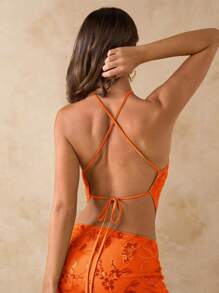 SHEIN BAE Spring/Summer Solid Green Spaghetti Strap Elegant Pearl Floral Backless Tie-Up Vest, Vacation Sparkling Spaghetti Strap Tank Top, Suitable For Beach, Holiday - Backless Sexy Green Sequin Pearl Studded Camisole