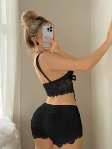 Sweetina 女式合身蕾丝透视系带无袖上衣