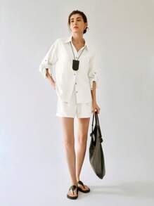 Uhlyne Uhlyne 女士春夏休闲日常通勤白色亚麻袖开襟衬衫黑色衬衫，商务休闲，工作服女士，办公室，教师 - 白色 - 查看 3