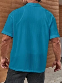 Manfinity Homme Áo sơ mi nam tay ngắn cài nút phía trước màu xanh trơn dáng rộng, thường ngày, mùa hè - Màu xanh ngọc - Xem 2