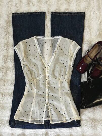 SHEIN Plus Size Women's Elegant Polka Dot Print T-Shirt, Summer