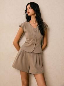 Poéselle 2pcs/Set Women Summer Solid Color Single-Breasted Blouse And Shorts Casual Outfit - Grey - View 6