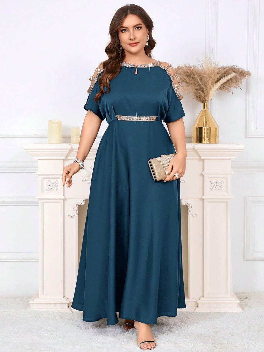 SHEIN Clasi Plus Size Elegant Party Ribbon Trim Off Shoulder Dress,Wedding Guest Dress Women - Teal Blue - View 1