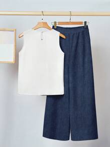 SHEIN Clasi 休闲简约假日风格海军蓝仿牛仔布心形和字母图案两件套，适合夏季、派对、度假 - 彩色 - 查看 2