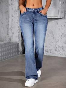 Jeanoix 女式超低腰刺绣喇叭牛仔裤