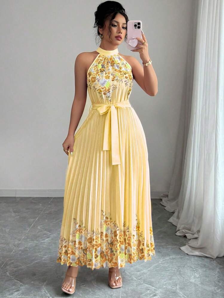 Elenzga Vestido de verano elegante con estampado floral y corte holgado con cuello halter para mujeres - Amarillo - Añade 7
