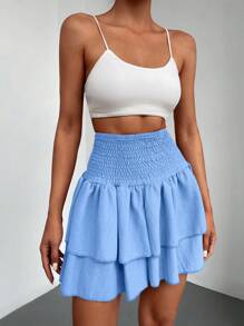 EURMUSE Women's Holiday Solid Color Ruffle Hem Fashionable Short Skirt - Blue - View 3