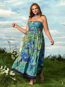 SHEIN Touch of Art Áo ống không tay in họa tiết toàn thân cỡ lớn cho nữ, mùa hè - màu xanh lá - Xem 4