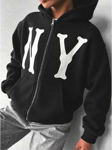 SHEIN Leap Crew Tween Boys Casual Colorblock Letter Print Open Front Jacket, Streetwear College Style Comfortable Soft Fabric Versatile For Daily Wear, School, Travel, Outdoor Sports - Black - View 1