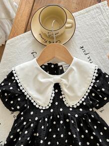 SHEIN LMoss Kids Babygirl 可爱夏季格子花卉图案彼得潘领连衣裙 - 黑與白 - 查看 4