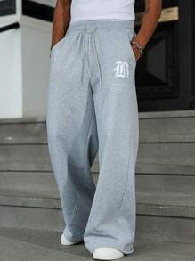 Manfinity Hypemode Men's Casual Versatile Letter Printed Drawstring Waist Sweatpants, Gym Sweatpants, Summer - Light Grey - View 4