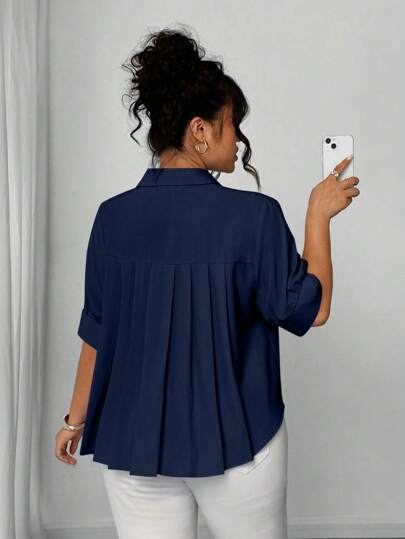 Elenzga Camisa feminina plus size primavera/verão, elegante, simples, com manga bufante, manga curta, com pregas nas costas e bainha em A, fecho de botão completo