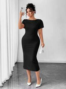 Elenzga Plus Size Summer Elegant Solid Color Ruched Back Button Hem Dress