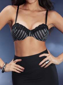 0.5 Cup Balconette Underwired Charming Daily OL Lady Boss Striped And Floral Lace Bra, Black