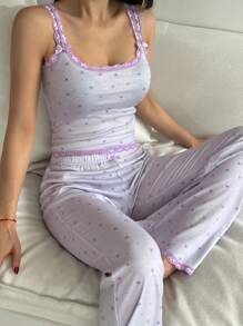 DAZY Conjunto de pijama de mujer con estampado floral pequeño y aplicaciones de encaje