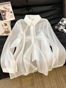 Regalyn Plus Size White Casual Transparent Thin Shirt With Bowknot