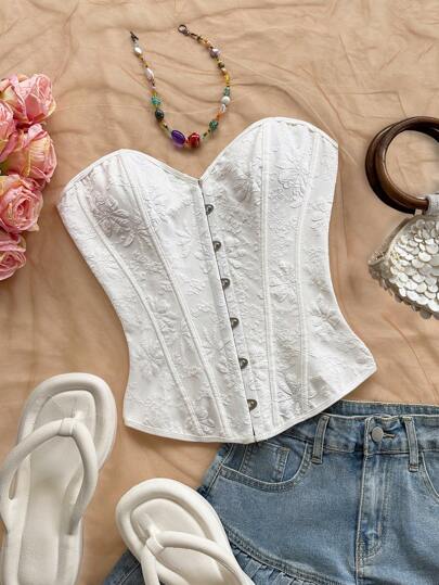 Soleia 女士复古宫廷风格彩色花卉提花抹胸，纽扣和后系带设计，适合度假穿着