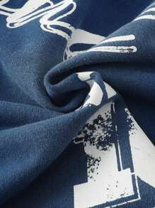 ROMWE MEN Prep Shorts de verano casuales para hombres con banda elástica en la cintura de doble capa, con estampado de letras en contraste de color - Azul - Ver 4