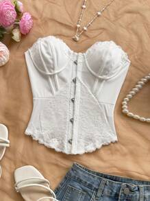 Soleia Lace Trim Fitted Cropped Camisole For Women, Vintage Style, Suitable For Vacation, Music Festival, Boho, Holiday Date, Afternoon Tea - White - View 3