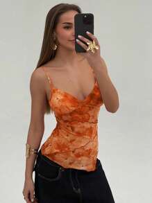 Aloruh Elegant Flower Printed Slim Fit Camisole, Summer - Orange - View 4
