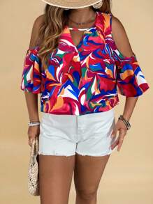 SHEIN VCAY Camisa informal hombros descubiertos con estampado todo sobre para talla grande - Rojo - Ver 4