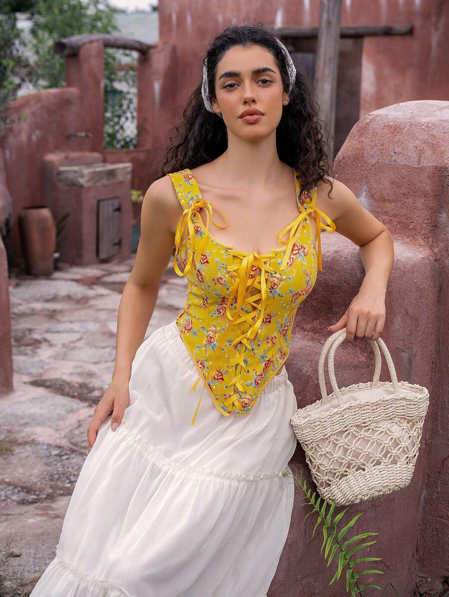 SHEIN 1pc Women's Elegant Floral Print Criss-Cross Backless Bustier Top - Yellow - View 1