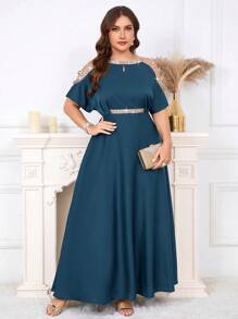 SHEIN Clasi Plus Size Elegant Party Ribbon Trim Off Shoulder Dress,Wedding Guest Dress Women - Teal Blue - View 6