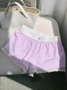 Comfortcana 女式夏季休闲条纹撞色蕾丝花边短裤 - 淺粉色 - 查看 1