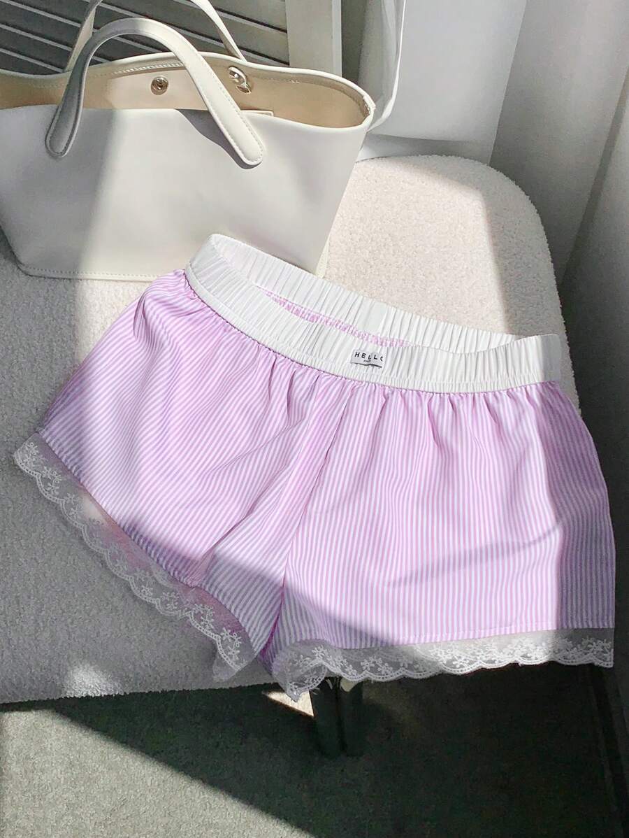 Comfortcana 女式夏季休闲条纹撞色蕾丝花边短裤 - 淺粉色 - 查看 1