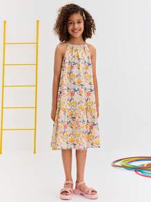 SHEIN Tween Girl Relaxed Casual Floral Print Midi Sleeveless Dress, Comfortable & Minimal - Yellow - View 1