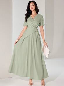 Heiryn 女式夏季纯色V领短袖褶皱优雅连衣裙