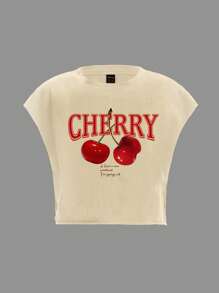 Slaydiva Casual Minimalist Red Cherry Letter Print Round Neck Short Sleeve Loose Cropped Women T-Shirt, Suitable For Summer