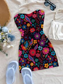 Soleia 色彩缤纷的复古图案，复古风休闲度假性感可爱Y2K椰子女孩波西米亚风度假大码女式迷你连衣裙，适合夏季穿着 - 彩色 - 查看 1