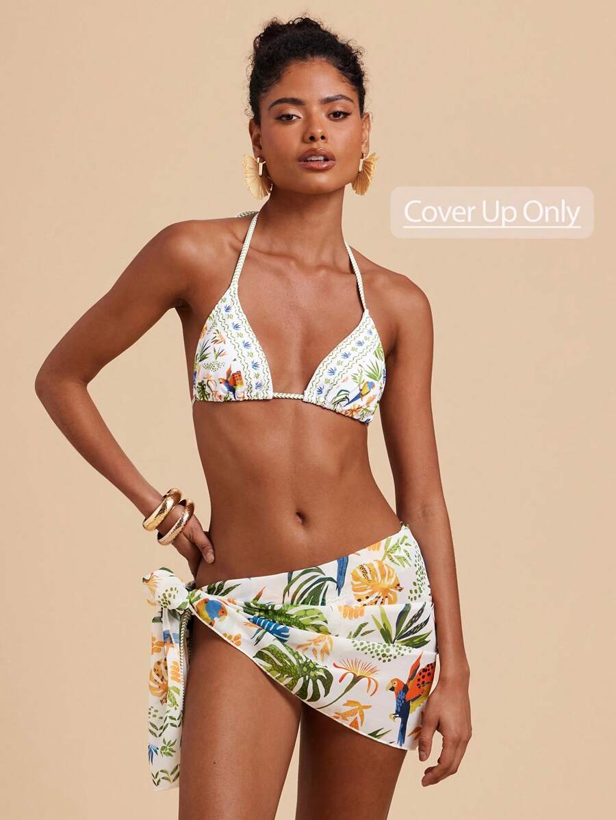 Travachic 夏季女士热带植物印花扭褶裙罩衫、女士度假装、女士泳衣 - 黃色 - 查看 1