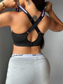 SHEIN Sport Studio Plus Size Colorblock Sports Bra, Adjustable Waist, High Support Polyester Underwear