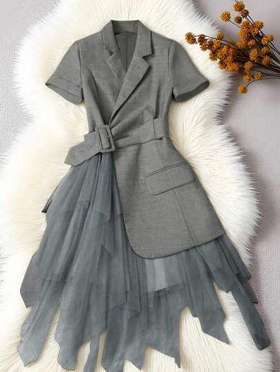 EMERY ROSE Women's Lapel Neck Short Sleeve Waist Adjustable Buckle Design Mesh Patchwork Thin Jacket