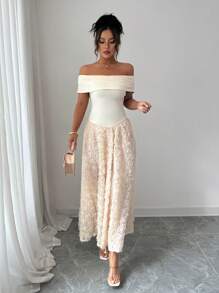 Elenzga Vestido midi elegante de alta gama de línea A con hombro asimétrico elástico de punto, cintura asimétrica, aplicación de flor de rosa 3D y bajo acampanado, adecuado para fiesta, festival, vacaciones, en color crema francés albaricoque - Albaricoque - Ver 5