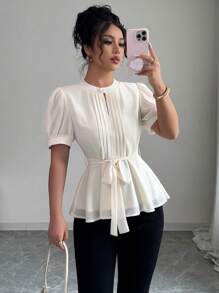 Elenzga Áo cánh thường ngày tay ngắn cổ tròn tay bồng thắt nơ trang trí viền chữ A thanh lịch cho nữ, mùa xuân/hè - Màu be - Xem 6