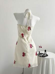 Chiquease Women's Summer Floral Embroidery Vacation Halterneck Cinched Waist Lightweight Organza Mini Dress Hibiscus Dress Embroidered Dress Vintage Dress