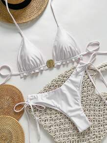 Swim Chiccia Springbreak Women Summer Solid Color Spaghetti Strap Metal Shell Decor Side-Tie Minimalist Bikini Set - White - View 1