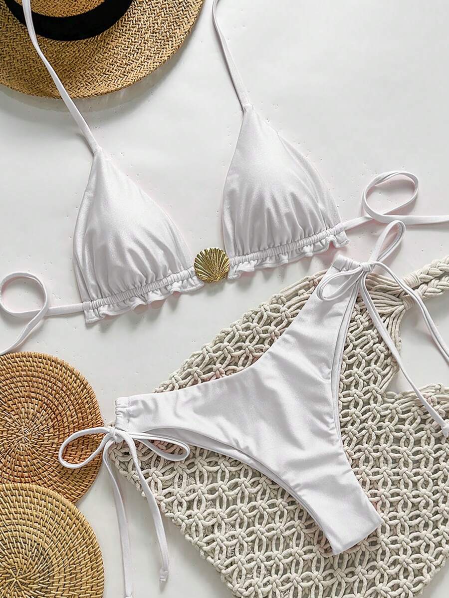 Swim Chiccia Springbreak Women Summer Solid Color Spaghetti Strap Metal Shell Decor Side-Tie Minimalist Bikini Set - White - View 1