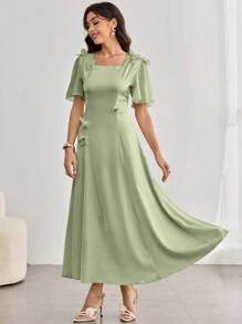 Modelyn Women Square Neck Ruffle Sleeve Floral Print Bodycon Short Sleeve Dress - Green - View 6