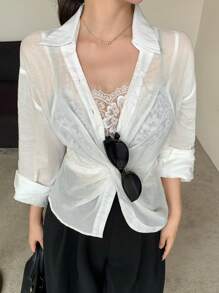 DAZY Women's V-Neck Twist Long Sleeve Semi-Sheer City Casual Blouse, Summer - White - View 7