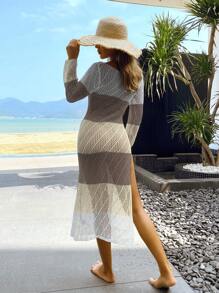 SHEIN Swim Damen Urlaubs Kontrast Farbblock Rundhals Langarm Ausschnitt Cover Up Kleid