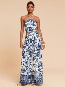 Travachic Floral Print Cut Out Waist Halterneck Jumpsuit For Summer Vacation - Blue and White - View 3