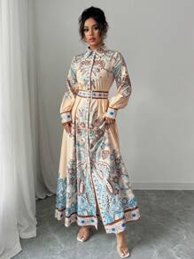 Breezaya 女式复古花卉印花长衬衫裙，优雅长款女装 - 杏色 - 查看 4