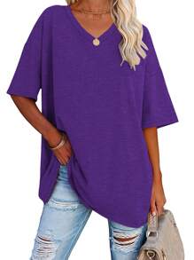 EMERY ROSE Plus Size Solid Half Sleeve T-Shirt, Casual V Neck T-Shirt For Summer, Women's Plus Size Clothing Graphic Tees Women Tops - Purple - View 1