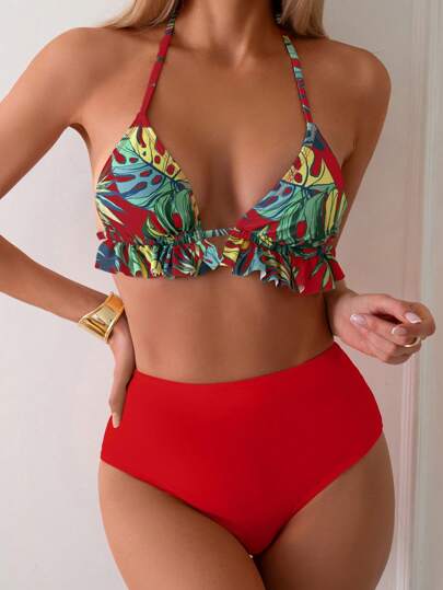 Swim Lushoire Ensemble de bikini triangle imprimé avec short de bain taille haute de couleur unie pour femmes grandes tailles