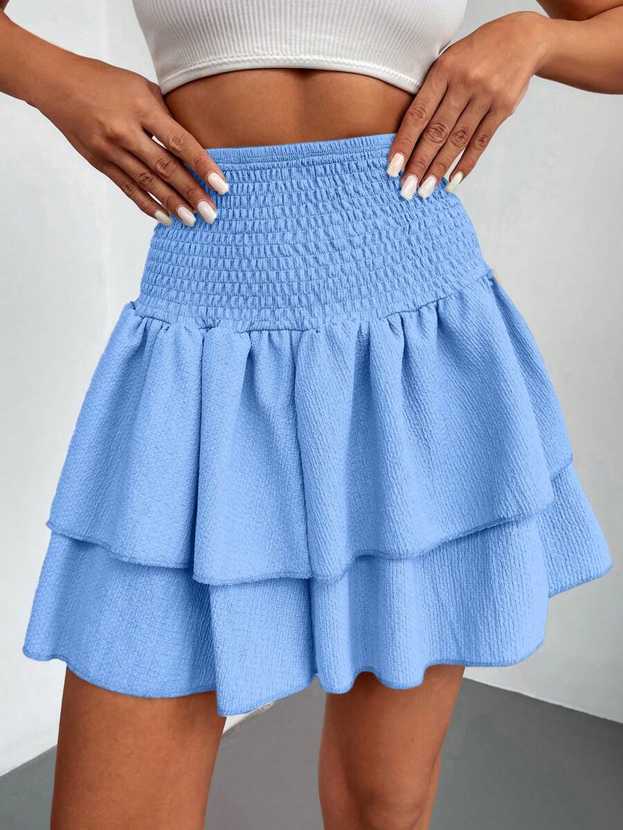 EURMUSE Women's Holiday Solid Color Ruffle Hem Fashionable Short Skirt - Blue - View 1
